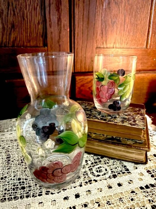 The Unbranded Brand Other - Vintage Hand Painted Tumble Up Set, Bedside Water Carafe with Glass Lid, Cottage